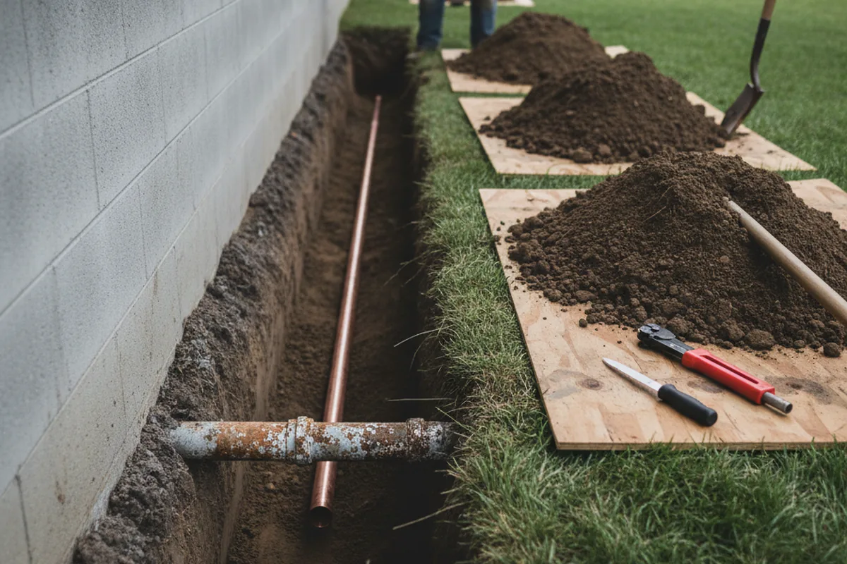 Excavated water line trench during Water Heater Repair in Santa Anna